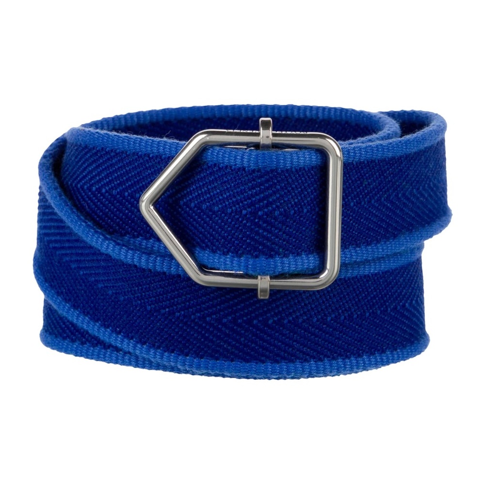 BOTTEGA VENETA cobalt blue webbing herringbone fabric leather belt silver buckle